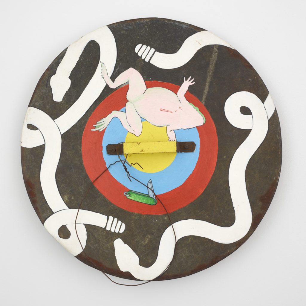 Frog Shield, 1983. Acrylic on metal trashcan lid with metal wire, 24 in diameter