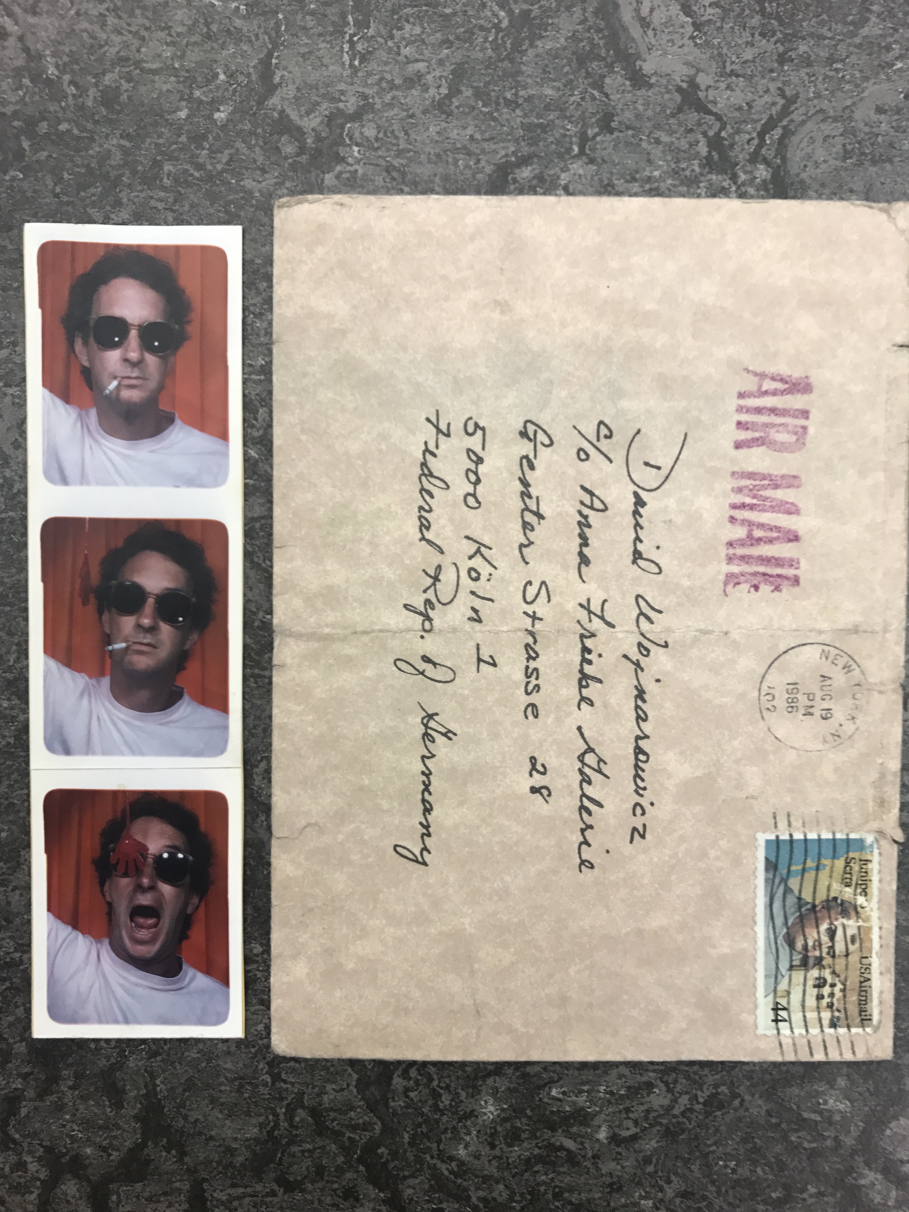 AIR MAIL envelope addressed to Dvid Wojnarowicz in Germany with photo booth self-portrait of his partner Tom Rauffenbart 