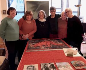 Virginia Hourigan, Anita Vitale, Gracie Mansion, Jean Foos, Judy Glantzman, and Cynthia Carr creating a quilt honoring their good friend David Wojnarowicz