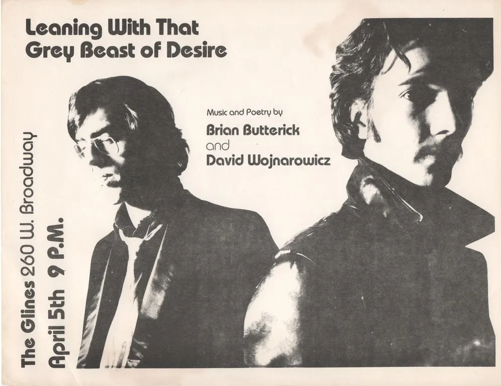 Postcard for "Leaning with that Grey Beast of Desire," performance. Music and Poetry by Brian Butterick and David Wojnarowicz, The Glines
