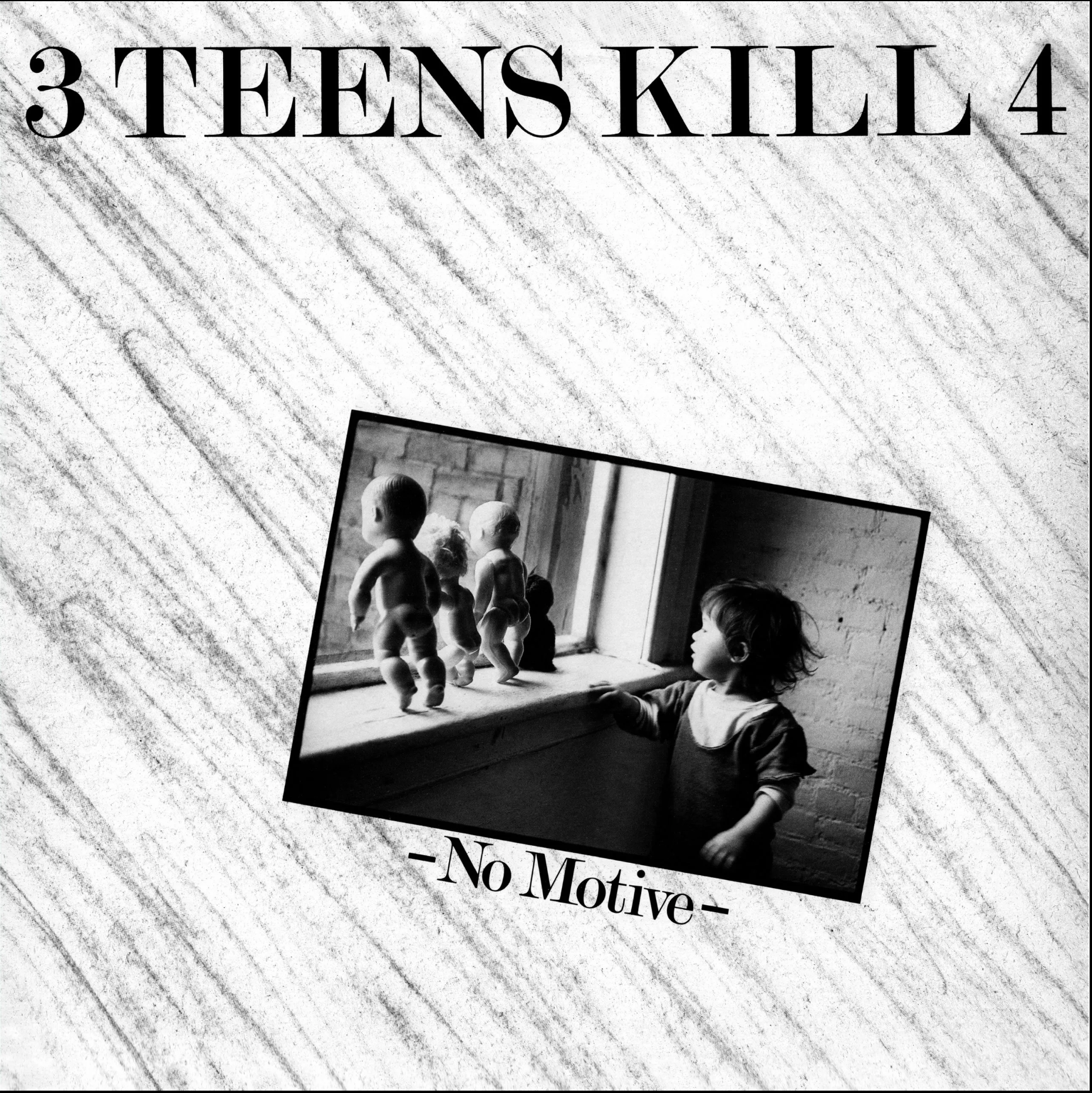 Cover of 3 Teens Kill 4 record album "No Motive" featuring photo by Seiji Kakizaki, 1982.