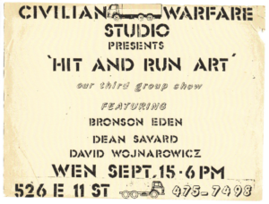 Invitation to Hit and Run Art, Civilian Warfare Studio, September 15, 1982