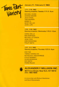 Announcement card for Three Part Variety show at Alexander Milliken Gallery, 1983