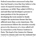 New York Times article about American Health and Human Services finding the AIDS virus, 1984