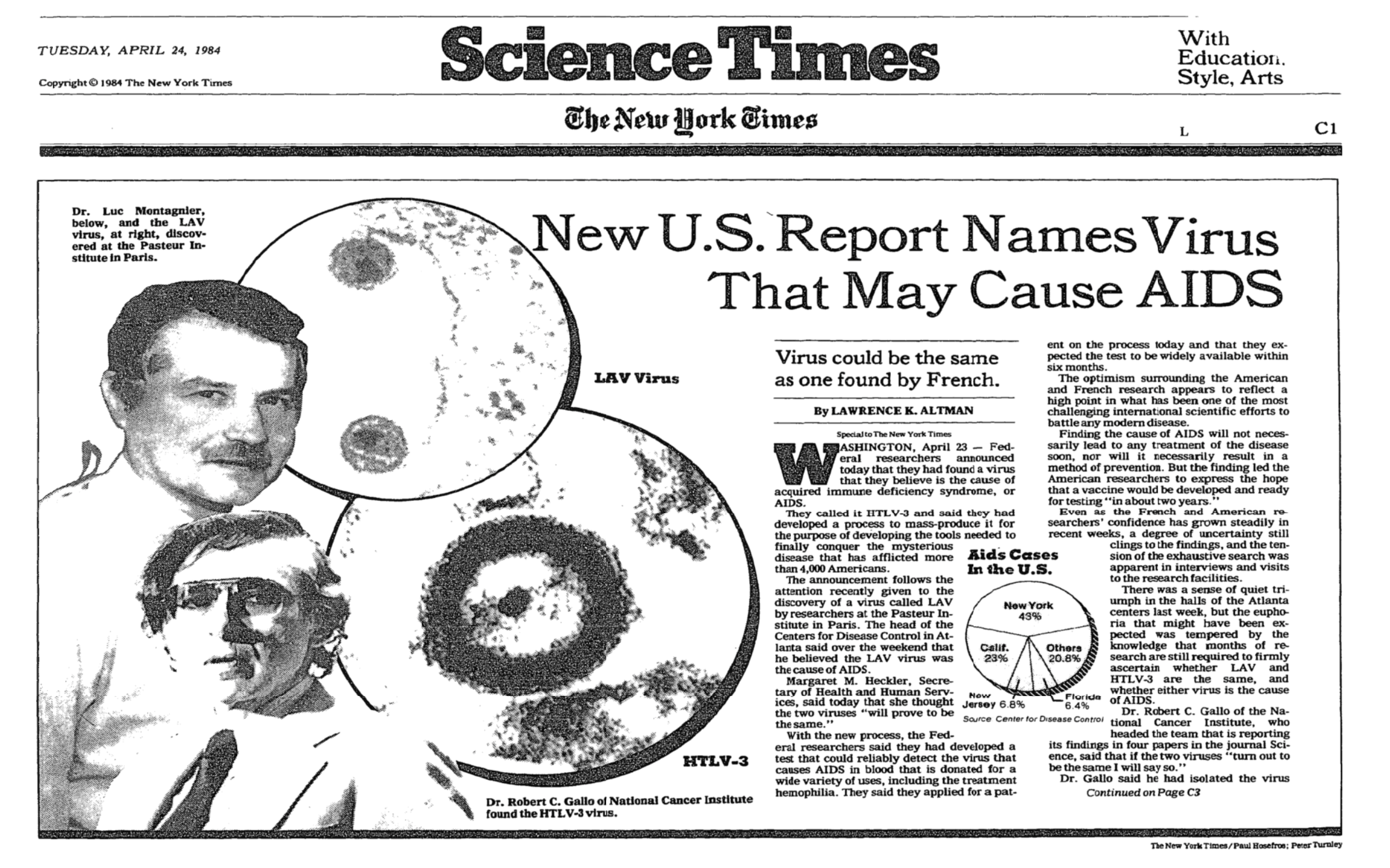 New York Times Article announcing American Health and Human Services researchers have found AIDS virus, 1984