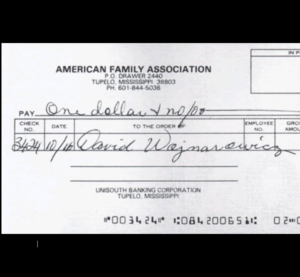 American Family Association Check for $1 written to David Wojnarowicz and signed by Donald Wildmon