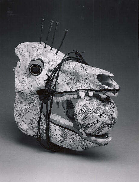 Untitled, 1984. Pig skull, maps, nails, barbed wire