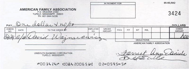 Bank check for $1.00 in damages awarded to David Wojnarowicz resulting from David Wojnarowicz v. American Family Association and Donald E. Wildmon, 1990. David insisted the check (which he never cashed) be signed by Donald Wildmon himself. Courtesy The David Wojnarowicz Papers in The Downtown Collection courtesy Fales Library and Collections, New York University.