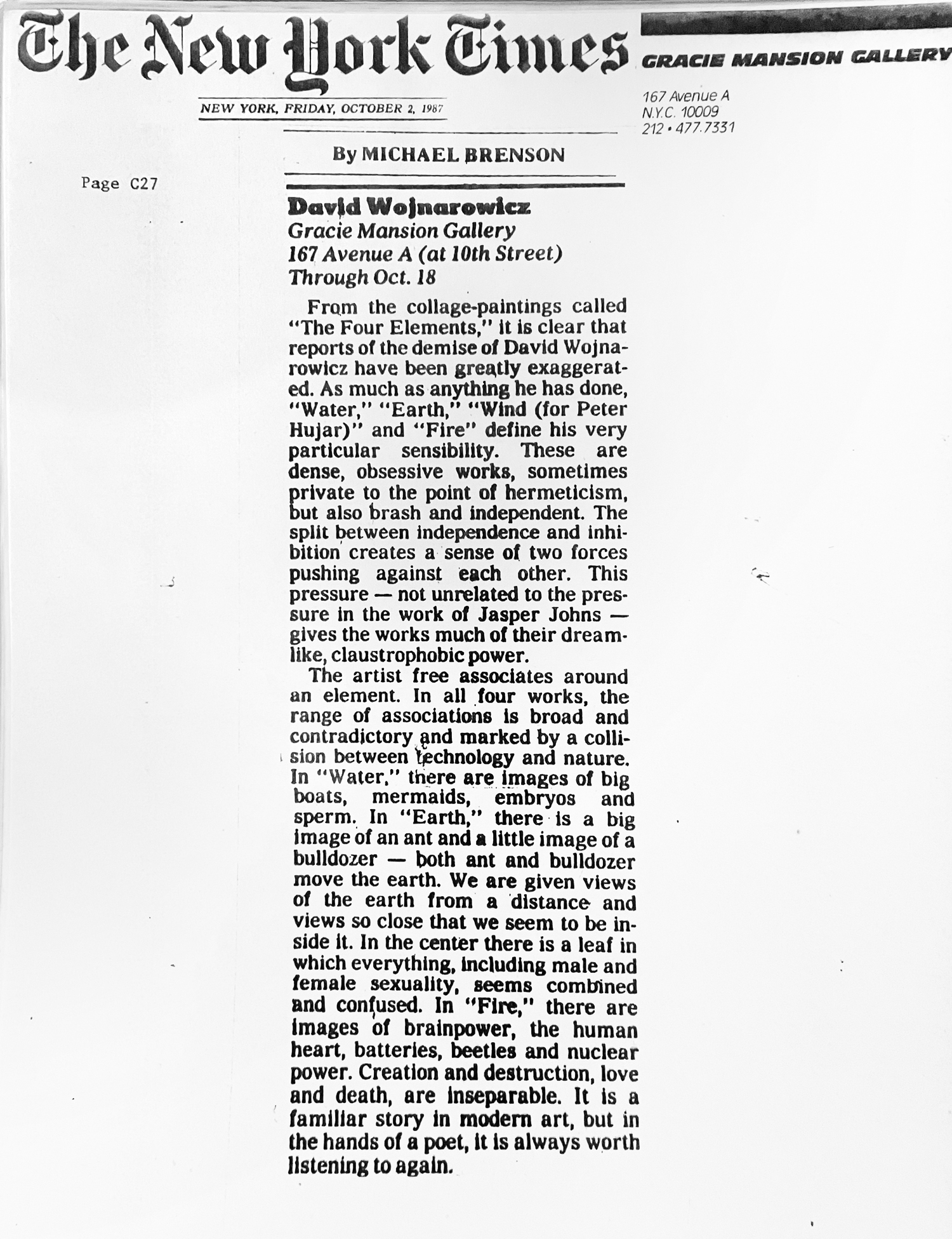 Michael Brensen review, "the Four Elements," Gracie Mansion Gallery, NYTimes, October 26, 1987