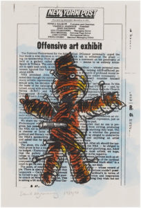 David's drawing of voodoo doll over 1989 New York Post editorial opposing NEA funding for Artists Space "Witness Against Our Vanishing" show