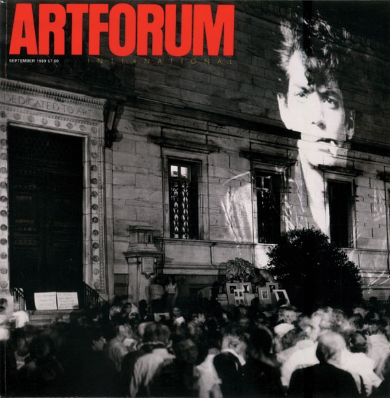 September 1989 issue of Artforum magazine featuring demonstration as  Robert Mapplethorpe photographs are projected on side of the Corcoran Gallery of Art after Cancelling his June exhibition due to pressure from conservative lawmakers in control of NEA funding.