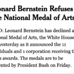 New York Times article on Leonard Bernstein refusal of National Medal of Arts, November 16, 1989