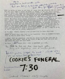 David Wojnarowicz journal after meeting NEA Chairman John Frohnmayer September 15, 1989 punctuated with "Cookie's Funeral 7:30"