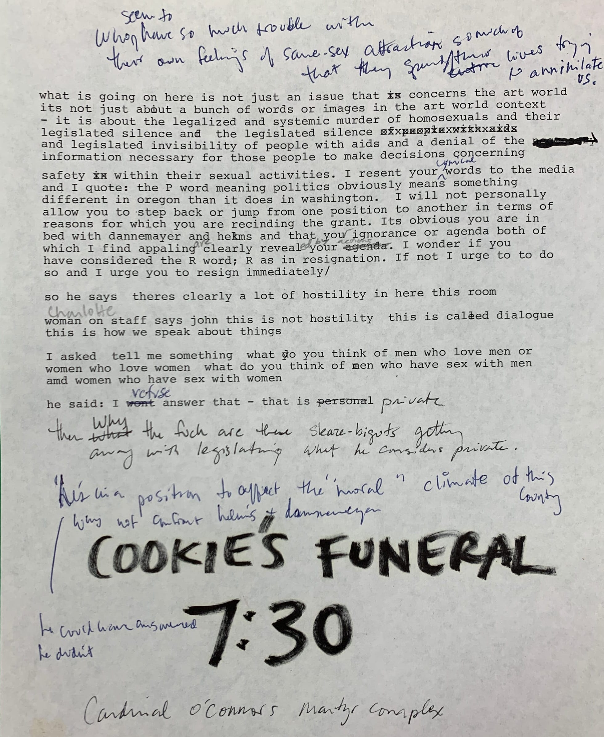 David Wojnarowicz journal after meeting NEA Chairman John Frohnmayer September 15, 1989 punctuated with "Cookie's Funeral 7:30"