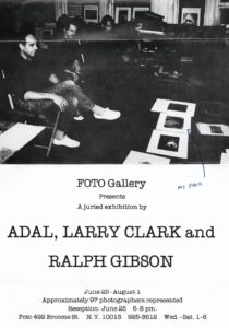 Poster for juried exhibition by Adal, Larry Clark and Ralph Gibson at FOTO Gallery showing David Wojnarowicz's "Untitled (James Dean Tattoo, Beaubourg France)," 1980