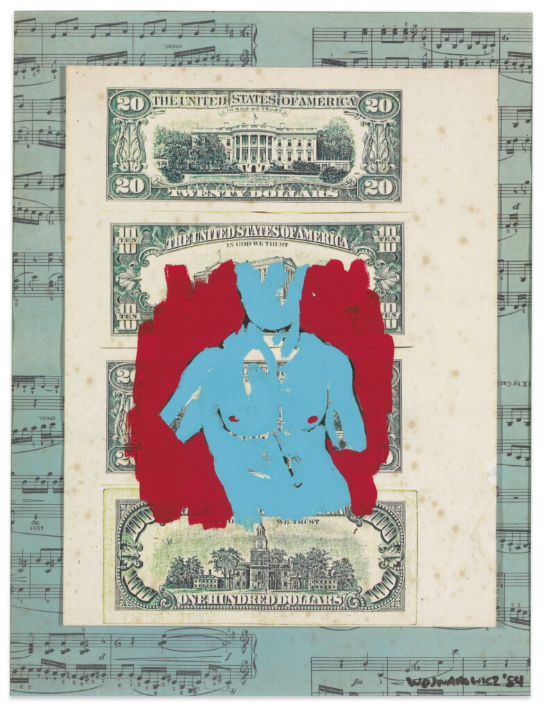 Dollar Bills, 1984. Acrylic and paper collage on printed paper mounted on board, 14 x 11 in.