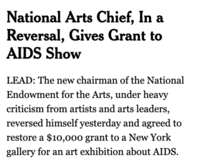 New York Times headline November 17, 1989 announcing NEA reinstatement of Artists Space show funding