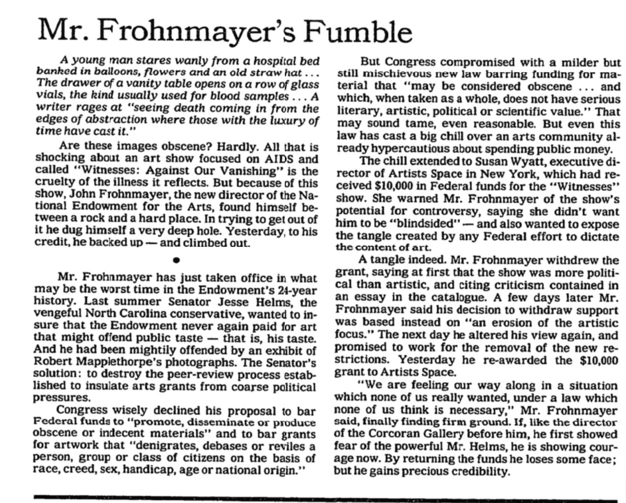 February 17, 1989 New York Times editorial on NEA Chairman Frohnmayer's decision to rescind and reinstate funding to Artists Space show