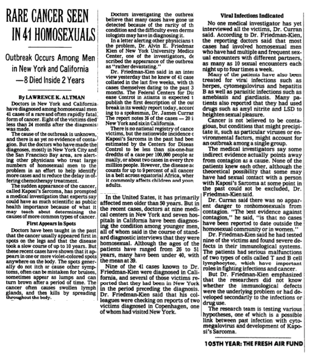 July 3 1981 New York Times article 'Rare Cancer Seen in 41 Homosexuals'