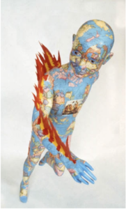 Untitled (Burning Boy), 1984. Acrylic and map collage on mannequin, 51 x 22 x 26 in.