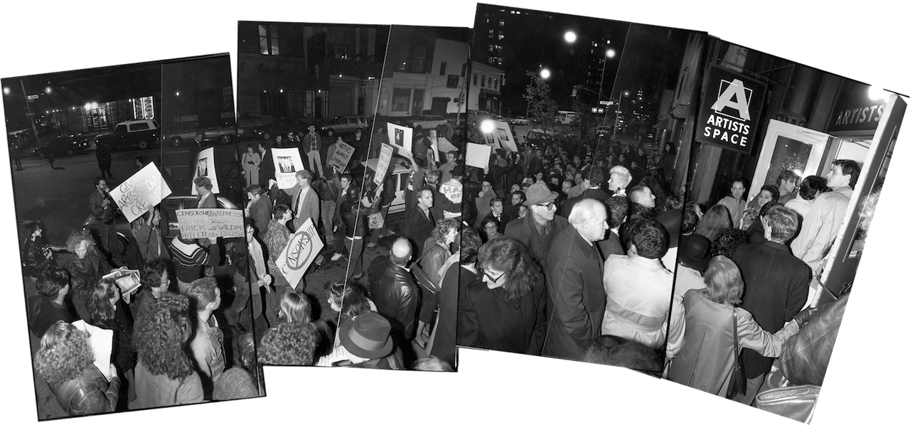 Art Positive collective demonstrators outside "Witnesses: Against Our Vanishing", organized by Nan Goldin, 1989. Artists Space, New York City. Photo courtesy of Thomas McGovern.