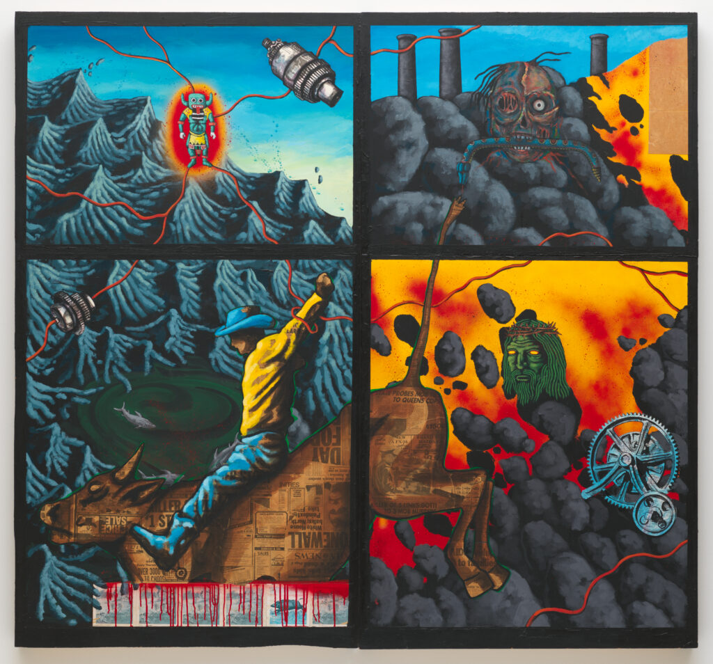 The Death of American Spirituality, 1987. Spray paint, acrylic, and collage on plywood, 81 × 88 in.