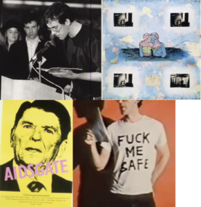 Clockwise from top right: David Wojnarowicz, Fuck You Faggot Fucker, 1984; "AIDS Trilogie: Silence = Death, 1989 film” by Rosa von Praunheim with Phil Zwickler; Granfury, AIDSgate, 1987. Retrieved from Manuscripts and Archives Division, The New York Public Library; David Wojnarowicz at “In Memoriam: A Gathering of Hope, A Day Without Art,” MoMA, November 30, 1989. Photo by Star Black © Star Black. Department of Public Information Records, II.B.2406. The Museum of Modern Art Archives, New York.