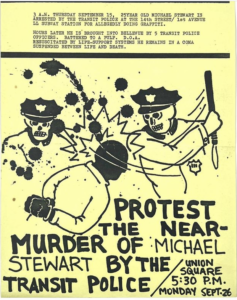 David Wojnarowicz protest flier for demonstration against police beating of graffiti artist Michael Stewart, to be held September 26, 1983