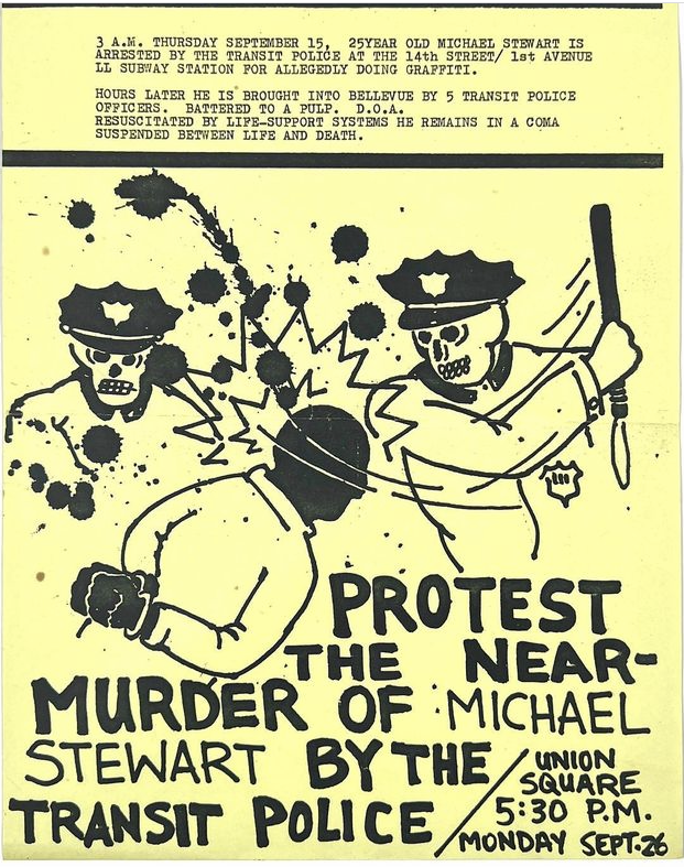 David Wojnarowicz protest flier for demonstration against transit police beating of graffiti artist Michael Stewart, to be held September 26, 1983