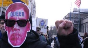 Demonstration at The Museum of Modern Art, New York, against removal of a David Wojnarowicz video from an exhibit at the National Portrait Gallery, Washington D.C., December 19, 2010. Image copyright and courtesy Theodore Kerr.